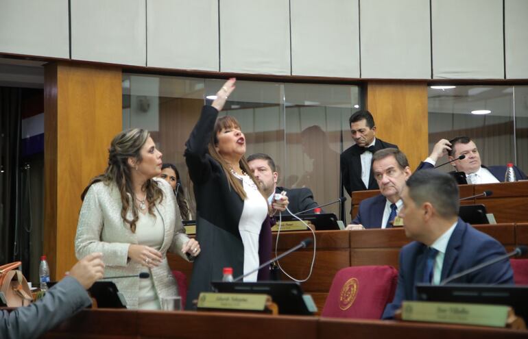 La senadora Celeste Amarilla (PLRA) gesticula y repudia actuación de colorados. Foto: Gentileza Senado.