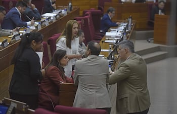 Los diputados cartistas Rocío Abed (sentada), Carmen Giménez (de pie), Miguel Del Puerto (de espaldas) y Esteban Samaniego conversando durante la sesión pasada de Diputados.