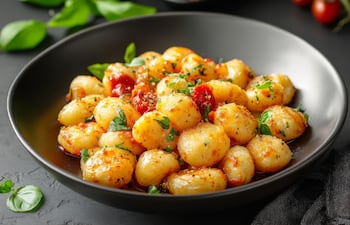 Ñoquis caseros con salsa de tomate y albahaca.