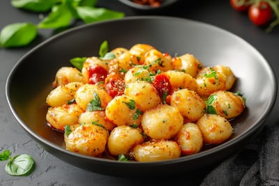 Ñoquis caseros con salsa de tomate y albahaca.