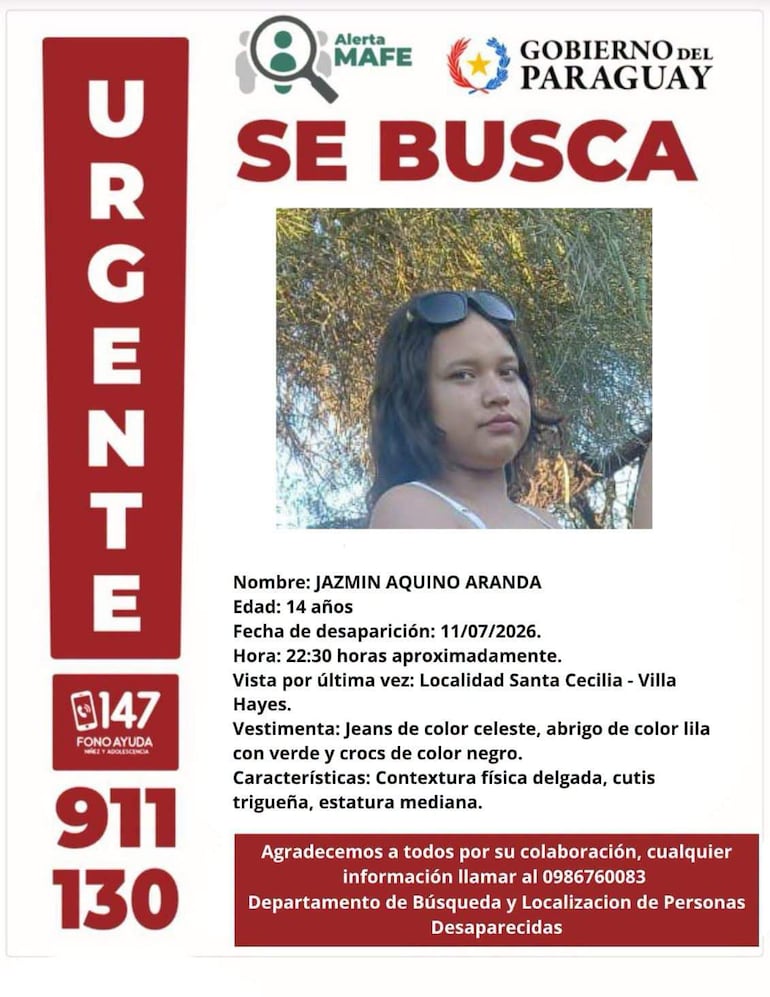 Cartel de búsqueda con foto de Jazmín Aquino Aranda, vestida con abrigo lila y jeans celestes, destacando su nombre y características.
