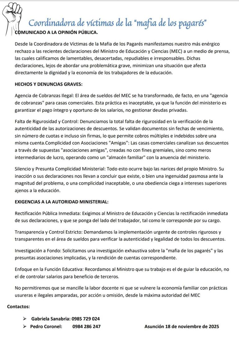 Comunicado de la Coordinadora de Víctimas de la Mafia de los Pagarés.