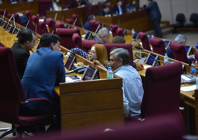 Hombre gesticulando en debate, con bandera paraguaya de fondo y cuatro asistentes sentados, dos de ellos mujeres.