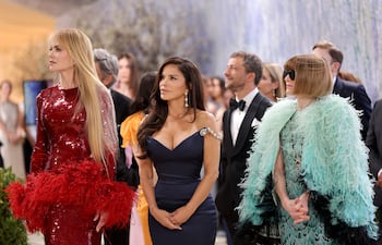 Nicole Kidman, Lauren Sánchez Bezos y Anna Wintour en la Gala del Met de 2026, que celebra el "Arte del Vestuario", en el Museo Metropolitano de Arte en la ciudad de Nueva York. (Mike Coppola/Getty Images/AFP)