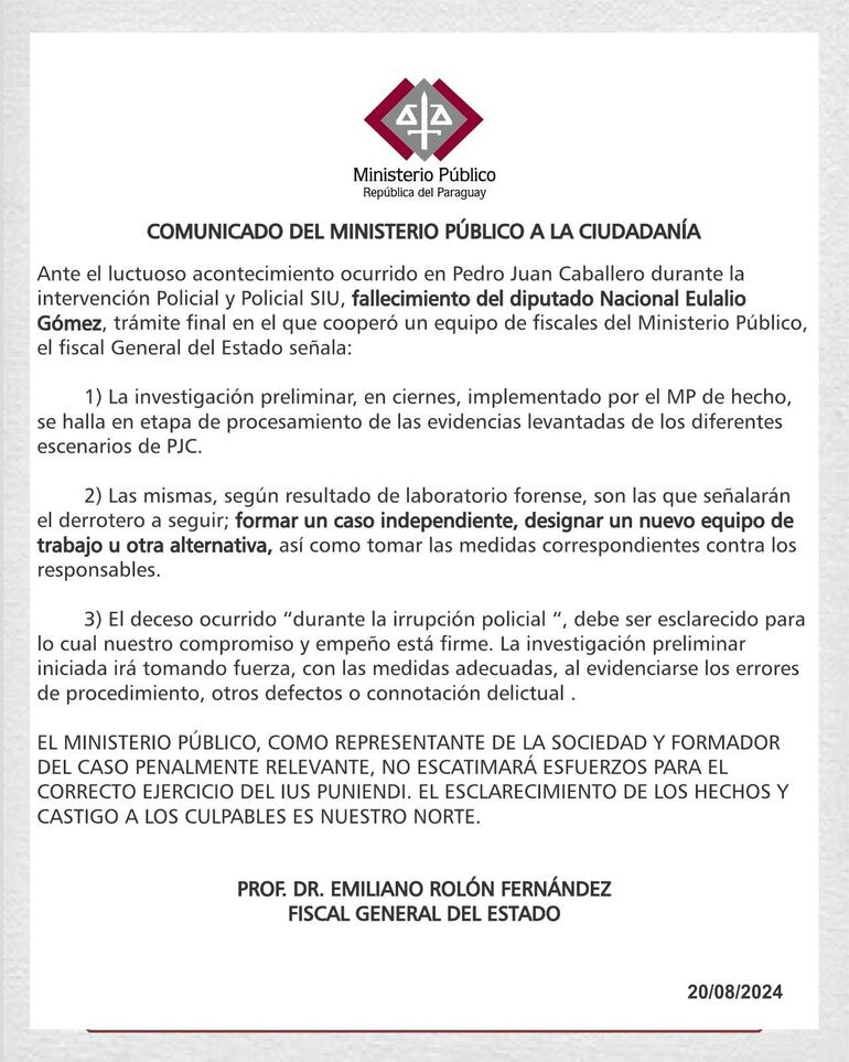El comunicado del fiscal general del Estado, Emiliano Rolón, sobre muerte del diputado cartista Eulalio "Lalo" Gomes.