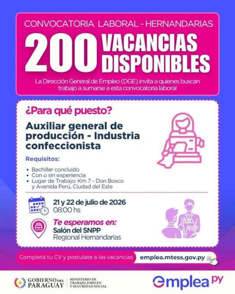 Póster sobre convocatoria laboral con detalles de vacantes y requisitos, sin personas visibles en la imagen.