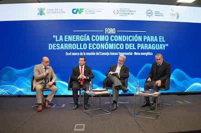 Diego Oddone (moderador), Félix Sosa (ANDE), Enrique Duarte (UIP) y Rubén Jacks (CEAL), en el foro sobre energía.