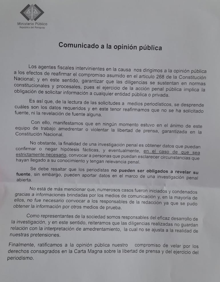 El comunicado de los fiscales.