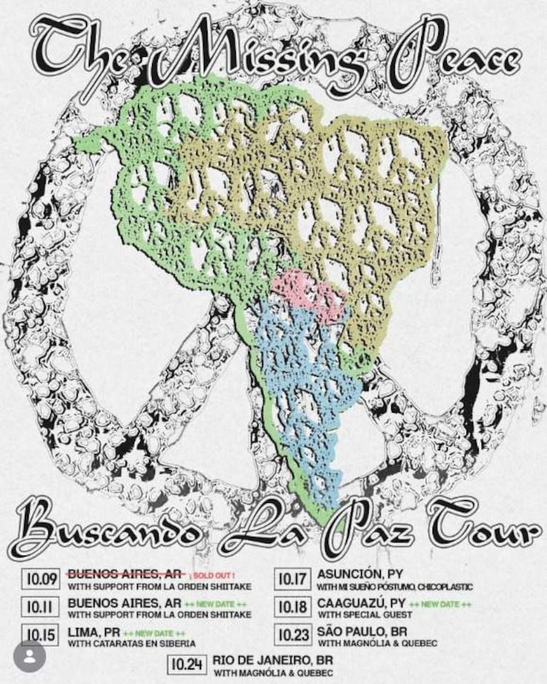 Cartel promocional del tour 'Buscando La Paz' con fechas en ciudades de Sudamérica, incluyendo Asunción y Caaguazú.