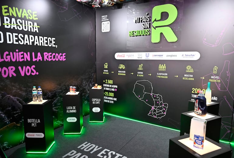Stand de reciclaje con envases etiquetados y textos en verde y morado, destacando la iniciativa 'Mi país sin residuos'.