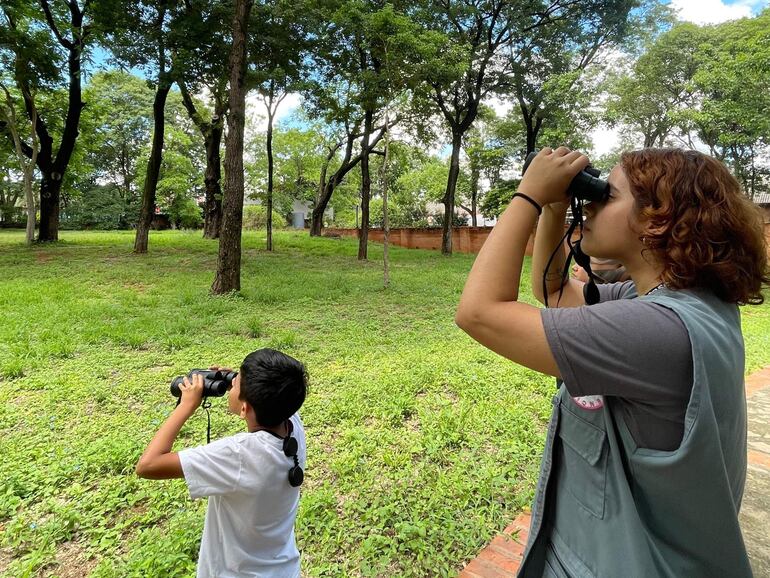 Niño con binoculares junto a un joven, ambos concentrados en la observación de aves en un entorno natural verde.