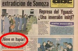 Portada de ABC Color con titular sobre aguanieve en Itapúa y extradicción de Somoza, rodeada de gente formal.