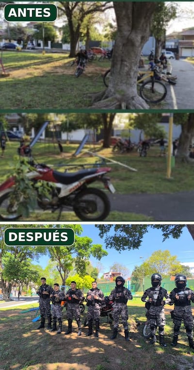 Seis policías en uniforme de camuflaje sosteniendo radios, rodeados de vegetación y motocicletas estacionadas.