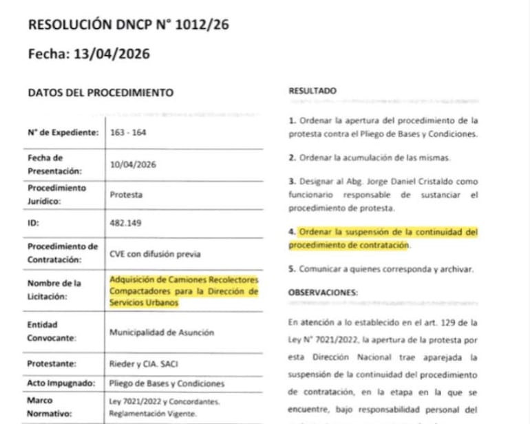 La Dirección Nacional de Contrataciones Públicas (DNCP) suspendió el proceso de compra directa de camiones recolectores de basura para la Municipalidad de Asunción.