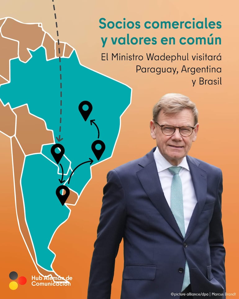 Wadephul en traje oscuro y corbata aqua, con fondo de un mapa de Sudamérica destacando Paraguay, Argentina y Brasil.