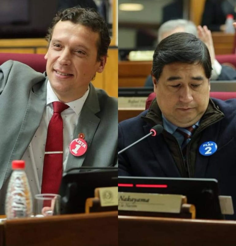 Juan Carlos Galaverna y Eduardo Nakayama participan en sesión del Senado en Paraguay, con sus pines de campaña de las listas a las que apoyan y a las cuales representan para estas elecciones municipales.
