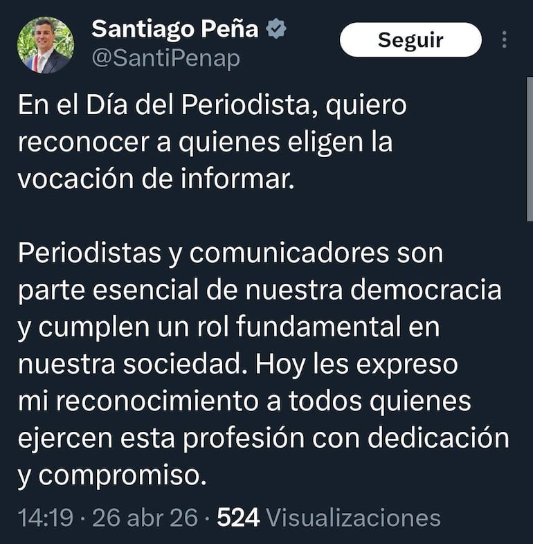 Santiago Peña publica un tweet destacando la importancia de los periodistas en democracia, sin personas visibles.