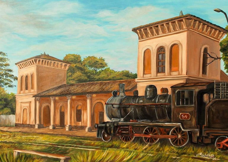 Representación artística de un tren de vapor identificado con el número '54' estacionado frente a un edificio clásico.