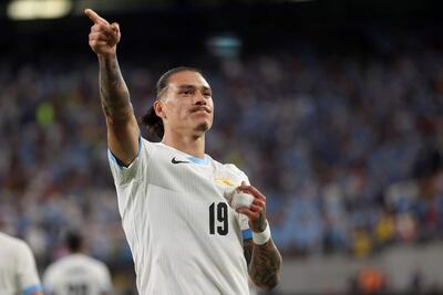 Darwin Núñez, jugador de la selección de Uruguay, festeja un gol en el partido frente a Bolivia por la segunda fecha del Grupo C de la Copa América 2024, en East Rutherford, New Jersey,