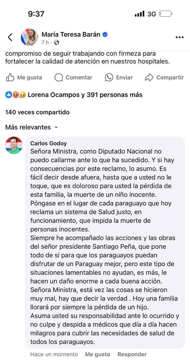 Mensaje del Dip. Carlos Godoy a la ministra de Salud.