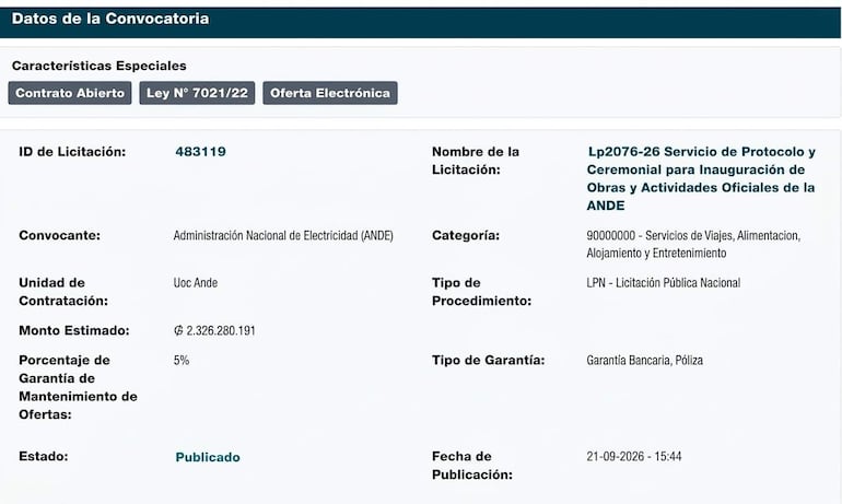 Documento de licitación de ANDE con detalles sobre servicio ceremonial, sin personas visibles.