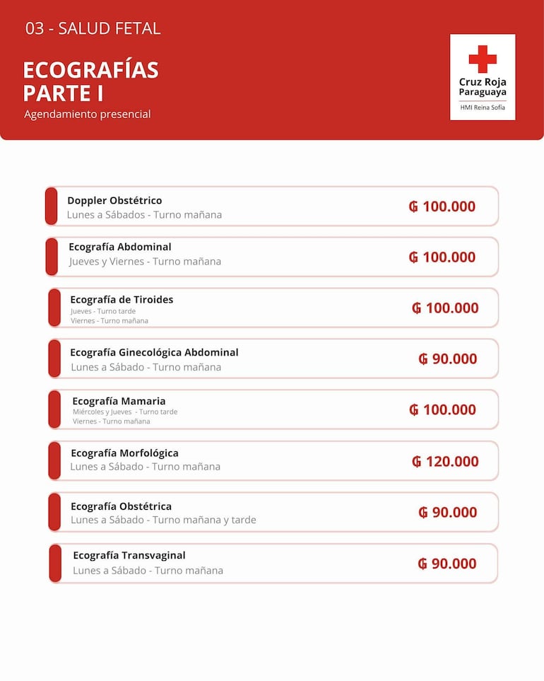 Documento de la Cruz Roja Paraguaya con lista de ecografías, precios y horarios en colores rojo y blanco.