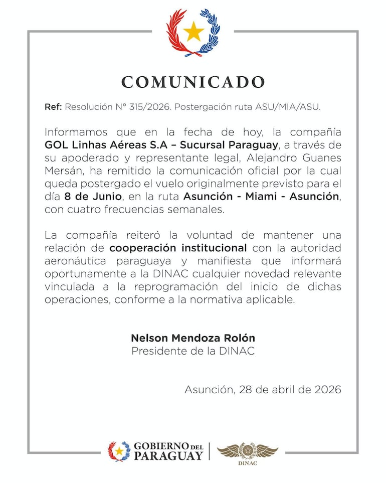 Comunicado oficial sobre la postergación de vuelos, sin personas visibles, fondo neutro.