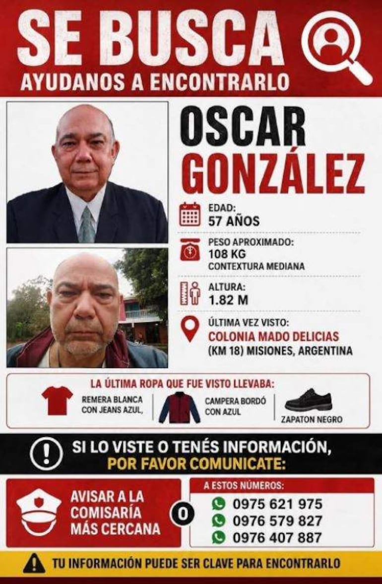 Cartel de búsqueda de Oscar González, 57 años, con fotos, datos de contacto y descripción de vestimenta en fondo gris.