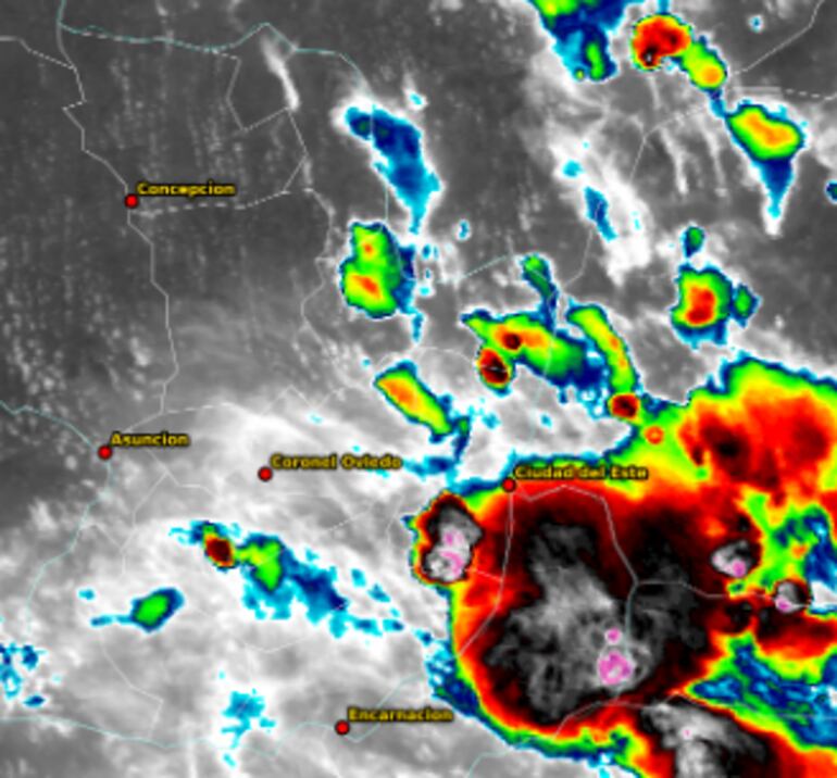 Mapa satelital de Meteorología mostrando el avance de las tormentas en la región Oriental.