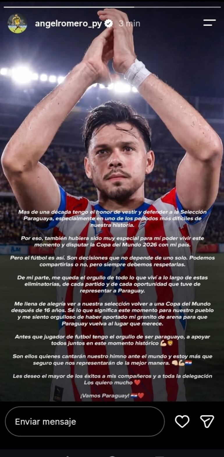 El descargo y mensaje de aliento a Ángel Romero.
