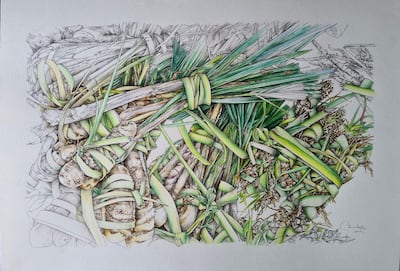 Obra de la exposición 'Naturalezas posibles' que muestra una planta dibujada con colores vibrantes en un entorno artístico.