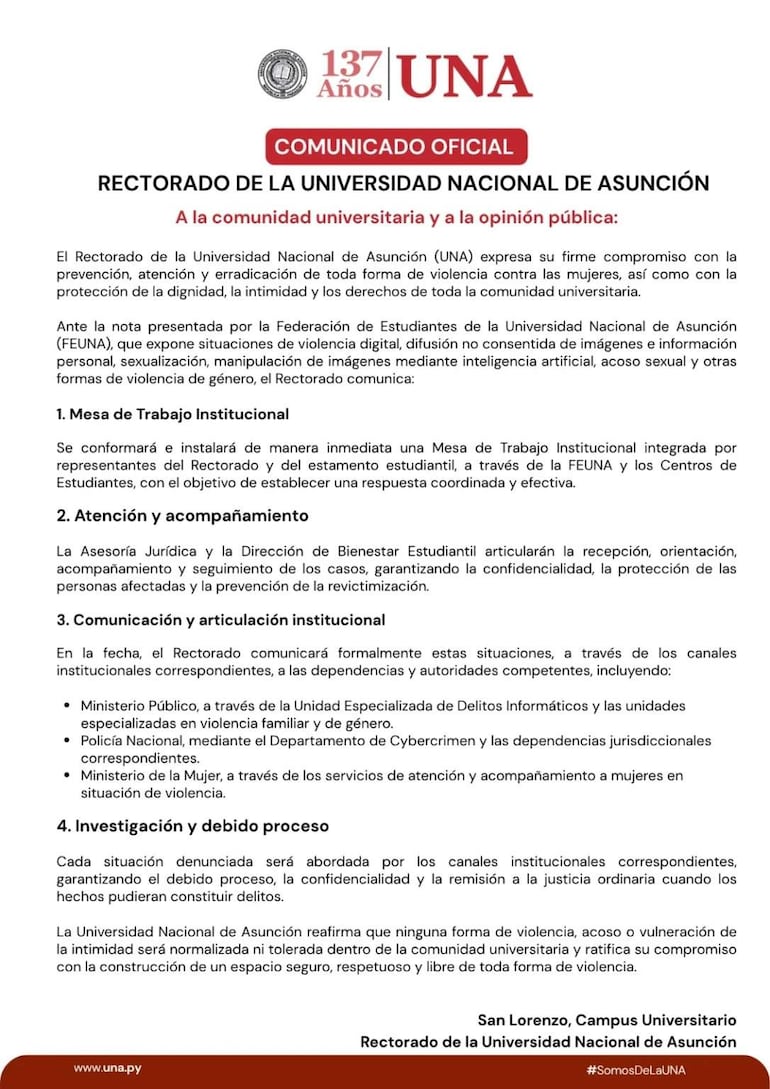 Comunicado oficial del Rectorado de la UNA en un documento con encabezado institucional.