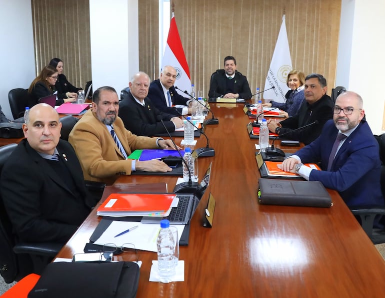 De izquierda a derecha: el Dr. César Ruffinelli, el senador Édgar López, el ministro de la Corte Luis María Benítez Riera, el vicepresidente Dr. Gustavo Miranda, el titular del órgano, Dr. Gerardo Bobadilla, la Dra. Alicia Pucheta, el diputado Édgar Olmedo, y el Dr. Enrique Berni.