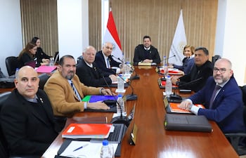 De izquierda a derecha: el Dr. César Ruffinelli, el senador Édgar López, el ministro de la Corte Luis María Benítez Riera, el vicepresidente Dr. Gustavo Miranda, el titular del órgano, Dr. Gerardo Bobadilla, la Dra. Alicia Pucheta, el diputado Édgar Olmedo, y el Dr. Enrique Berni.