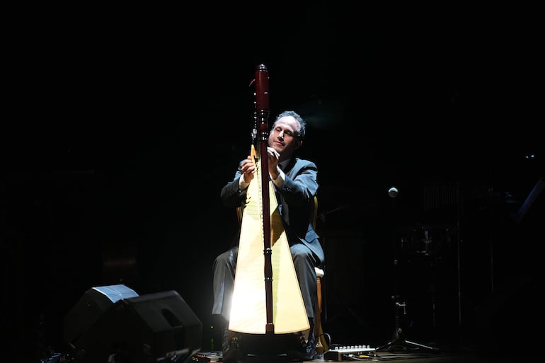 Músico con traje oscuro toca el arpa, concentrado en su actuación, iluminado por un suave foco sobre un fondo oscuro.