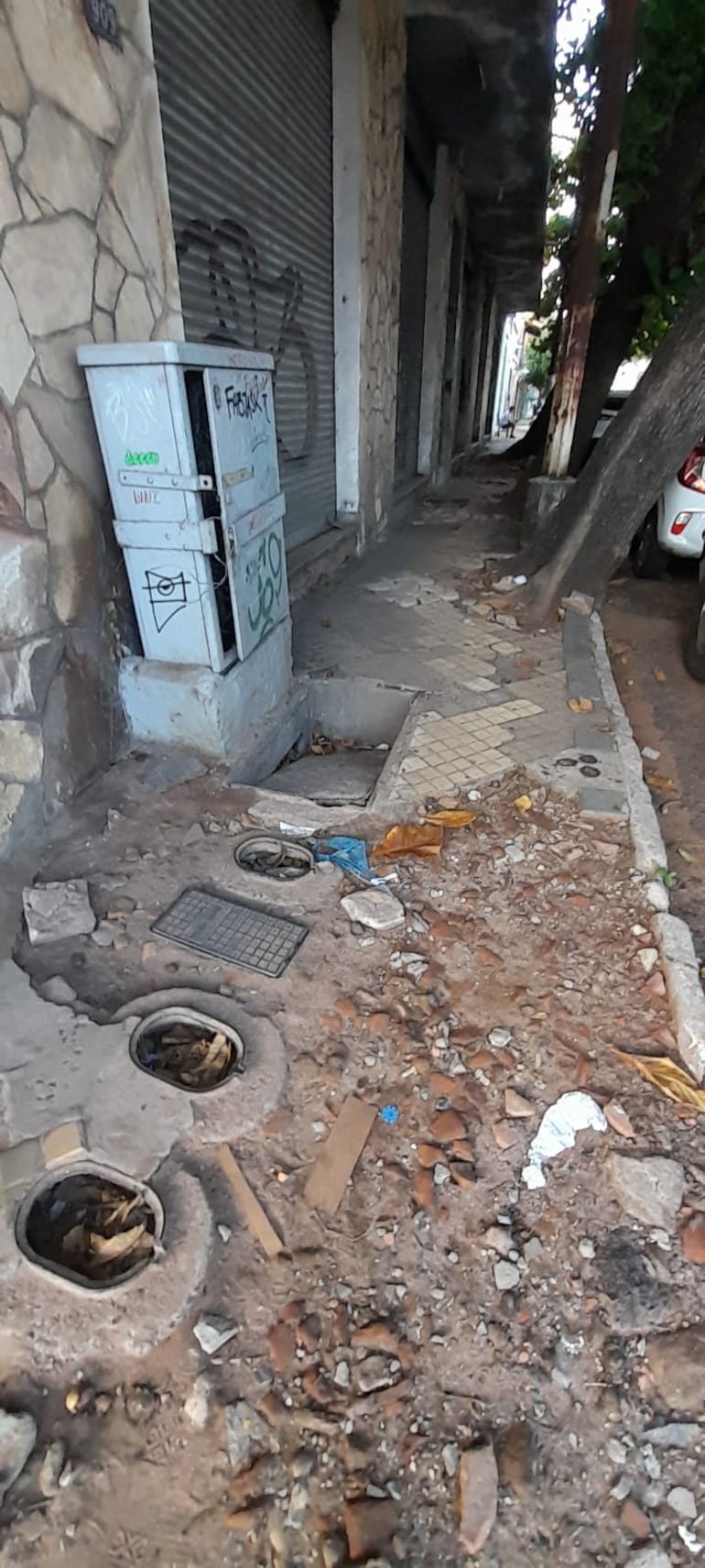 Esquina del Alberdi y Piribebuy. Vereda está rota y llena de pozos de cableado telefónico y medidores de la Essap.