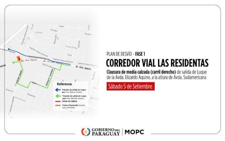 Plano de desvío vial sin personas, presenta recorrido en azul y verde, y detalles sobre clausura en la avenida Elizardo Aquino.