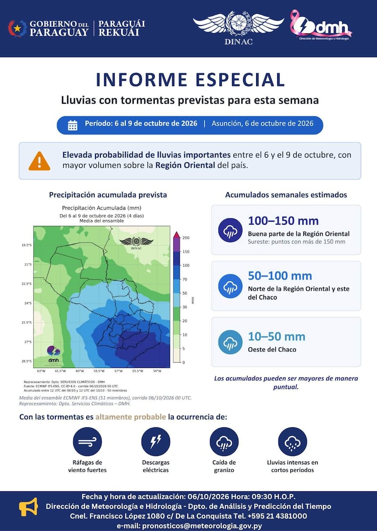 Informe meteorológico de la Dirección de Meteorología con mapa de lluvias y datos acumulados.