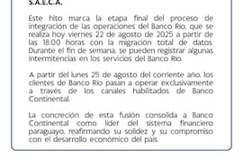 Comunicado de la fusión de Banco Río con Banco Continental.