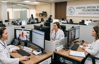 Dra. Ana Benítez y Dra. Laura Rivas en batas blancas y auriculares, atienden a pacientes por videollamada en un moderno espacio de telemedicina.