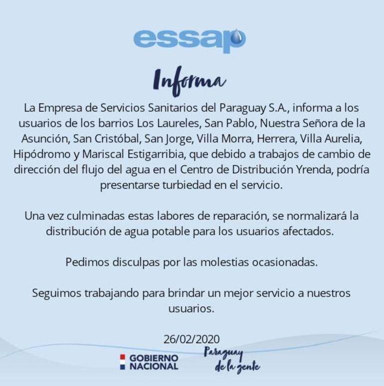 Varios barrios de Asunción están afectados en la provisión de agua potable.