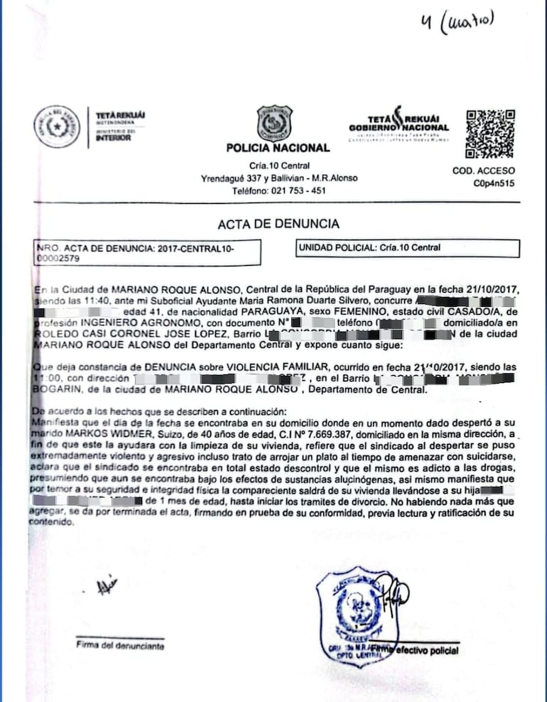 La denuncia presentada por la mujer, entonces esposa, de Alexis Markus Widmer en octubre de 2017, que derivó en el proceso por violencia familiar.
