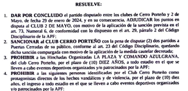 Resolución Tribunal de la APF.