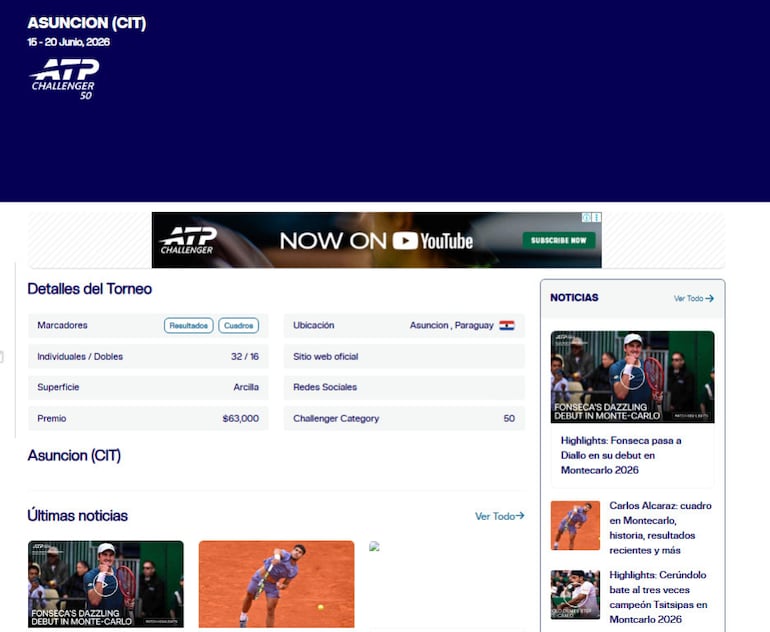 En la página de la ATP ya figura oficialmente el torneo Challenger en Asunción.