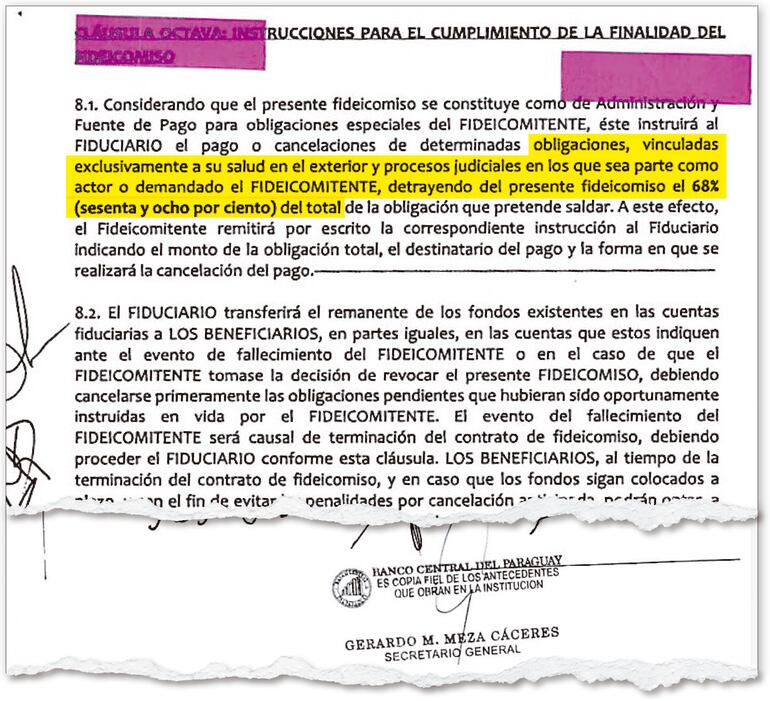 El acuerdo establecía en la cláusula octava, de manera taxativa, que el del fideicomiso era pagar gastos de salud y judiciales, incluyendo medidas cautelares y comisos. La Fiscalía miente.