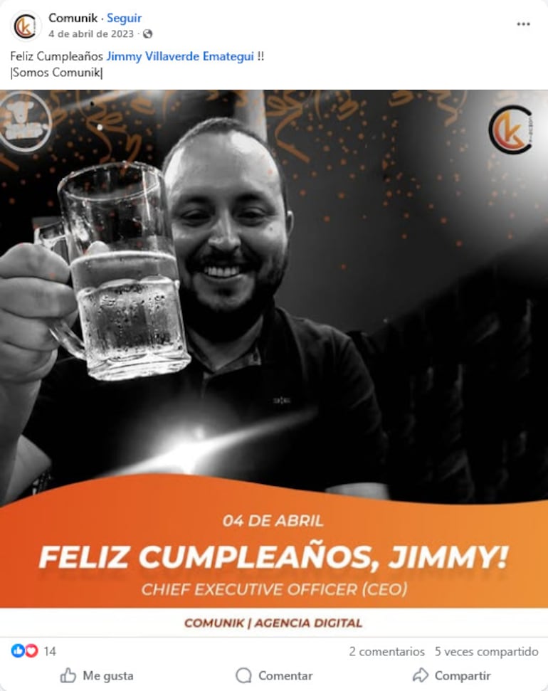 El mensaje de felicitaciones de "Comunik" a Jimmy Villaverde, quiien ahora niega tener un vínculo con esa agencia.