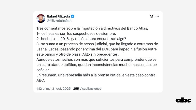 Comentarios del senador Rafael Filizzola tras nuevo ataque al grupo Zuccolillo.