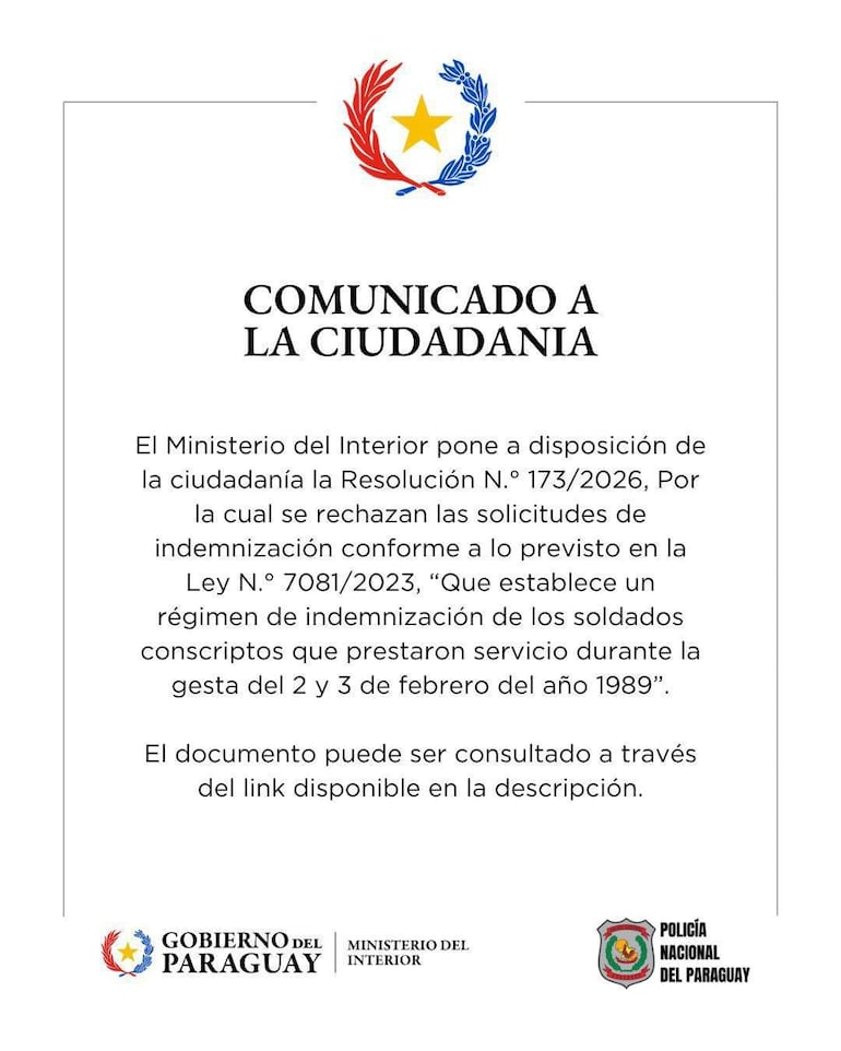 Comunicado oficial del Ministerio del Interior en colores nacionales, con el emblema del gobierno y texto informativo sobre indemnizaciones.