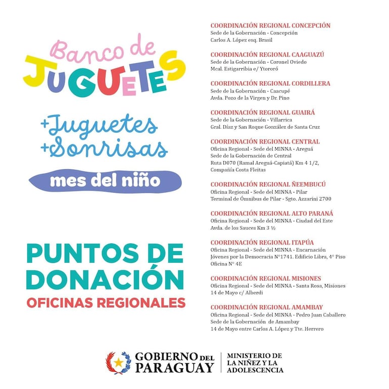 Cartel colorido destaca puntos de donación de juguetes, con frases como 'Juguetes + Sonrisas' y 'mes del niño'.