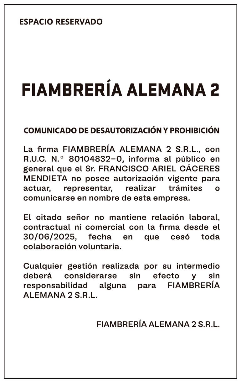 Comunicado de desautorización y prohibición.